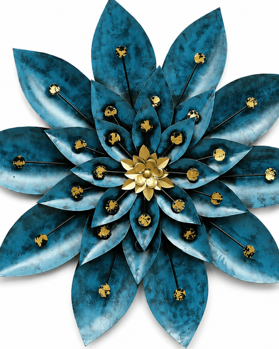 Blue & Gold Metal Lotus Flower Wall Art | Large Handpainted Sunflower Wall Sculpture - Image 3