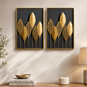 Golden Leaf Framed Wall Art Set of 2 | Handcrafted Botanical Panel Wall Decor