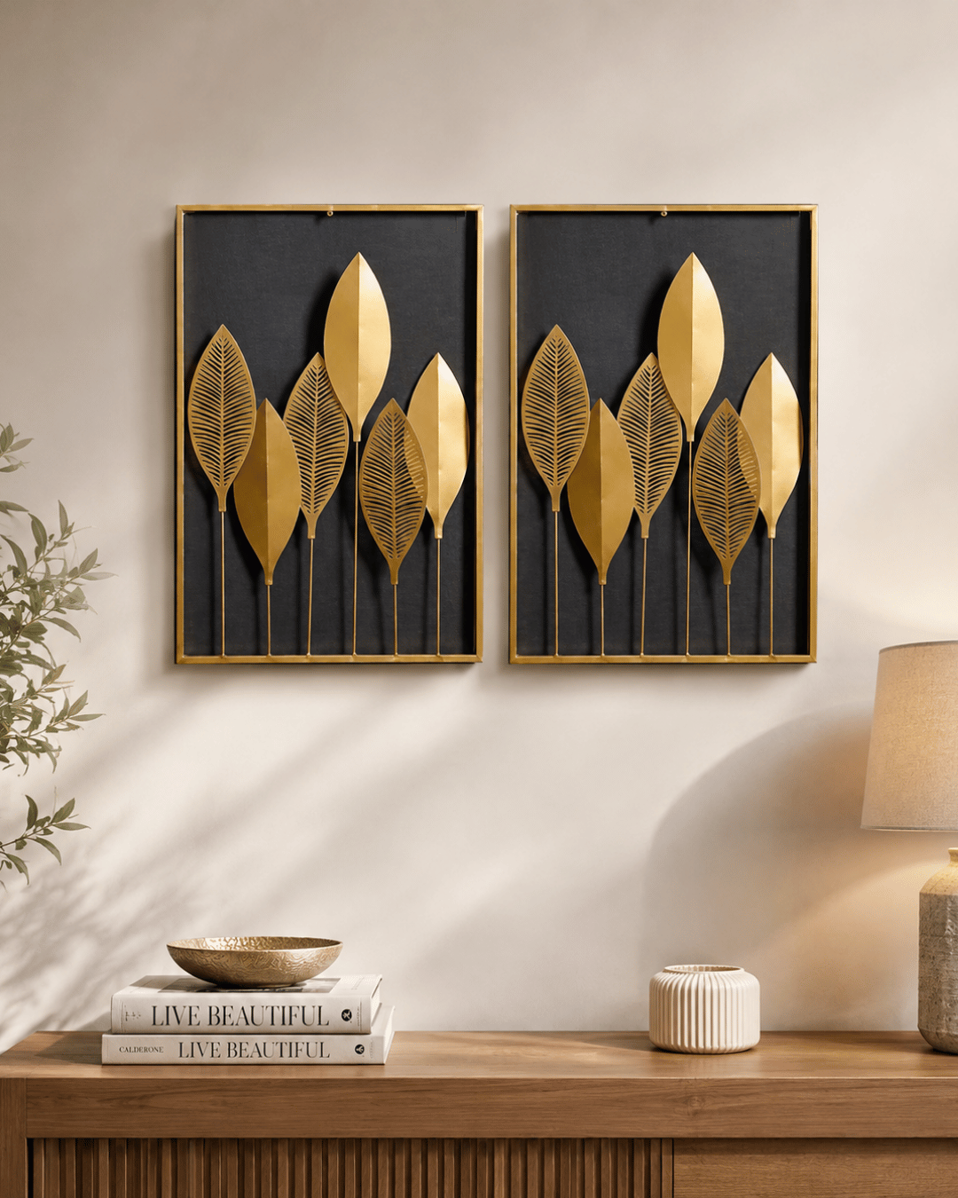 Golden Leaf Framed Wall Art Set of 2 | Handcrafted Botanical Panel Wall Decor