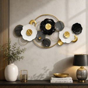 Black, White & Gold Flower Disc Wall Art | Round Ring Metal Sculpture Decor