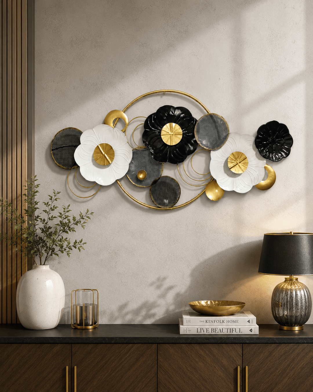 Black, White & Gold Flower Disc Wall Art | Round Ring Metal Sculpture Decor