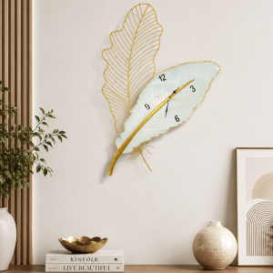 Golden Feather Leaf Wall Clock | Handpainted Pearl & Gold Analog Clock