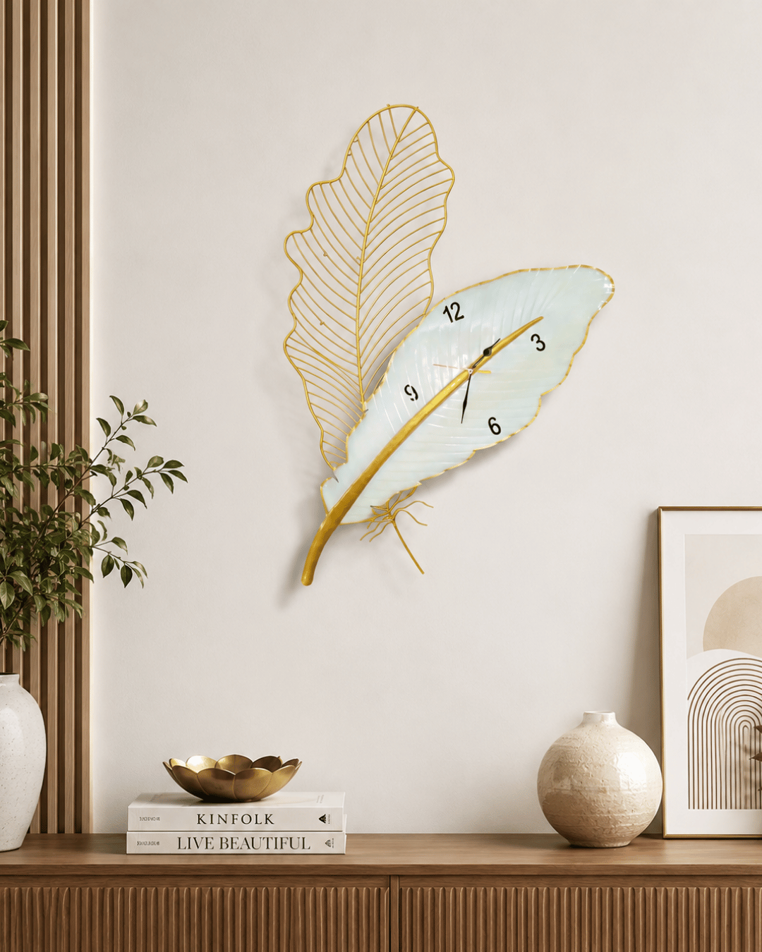 Golden Feather Leaf Wall Clock | Handpainted Pearl & Gold Analog Clock