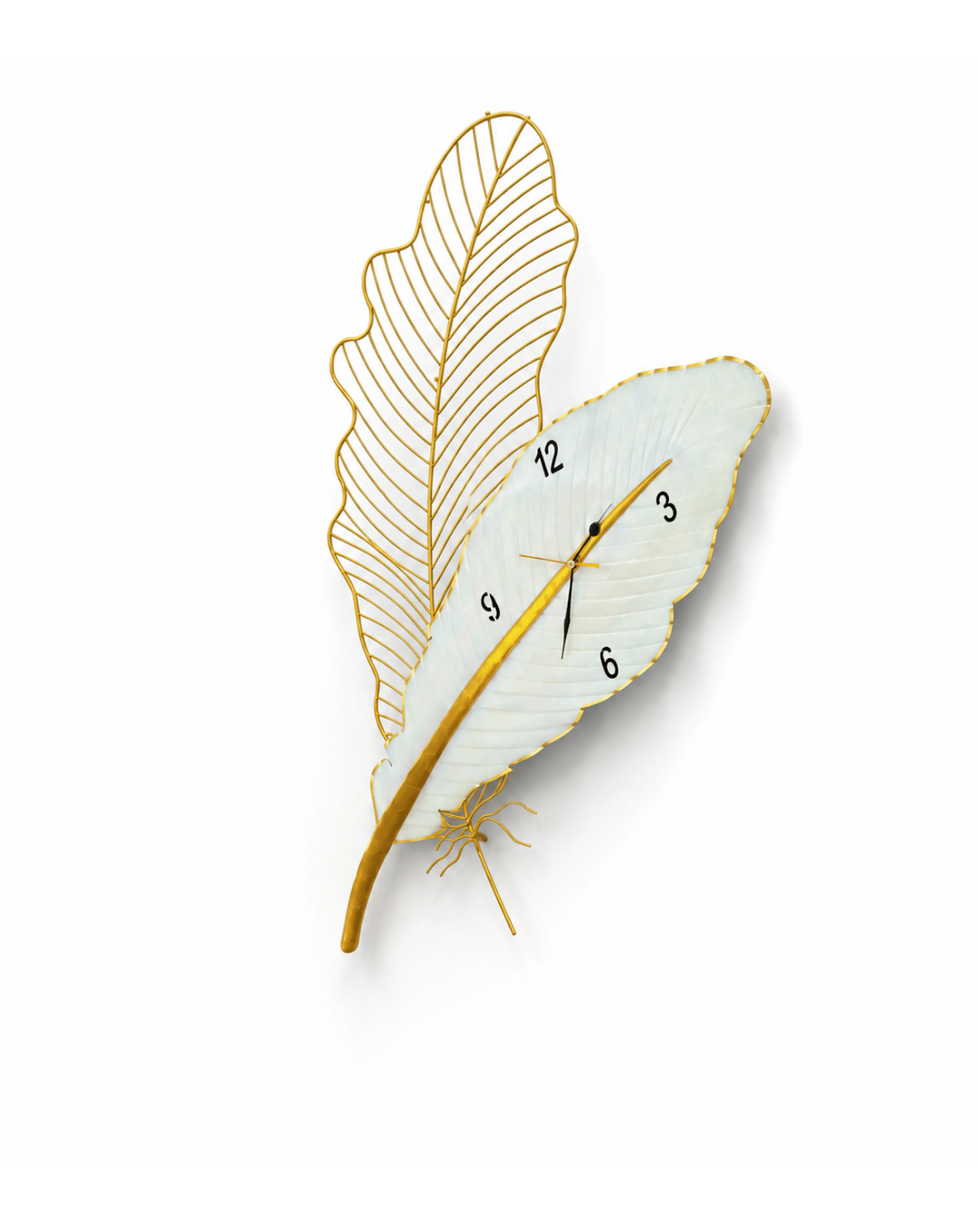 Golden Feather Leaf Wall Clock | Handpainted Pearl & Gold Analog Clock - Image 2