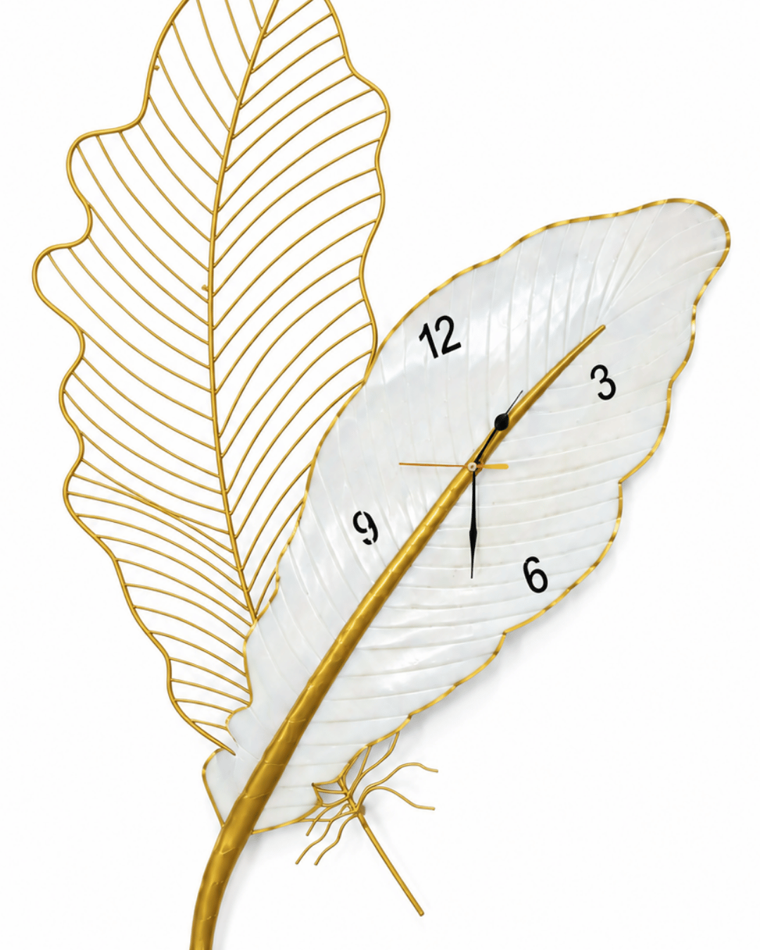 Golden Feather Leaf Wall Clock | Handpainted Pearl & Gold Analog Clock - Image 3