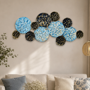 Blue, Black & Gold Marbled Circle Wall Art | Textured Metal Disc Cluster Decor