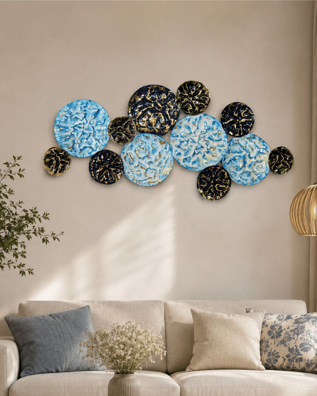 Blue, Black & Gold Marbled Circle Wall Art | Textured Metal Disc Cluster Decor