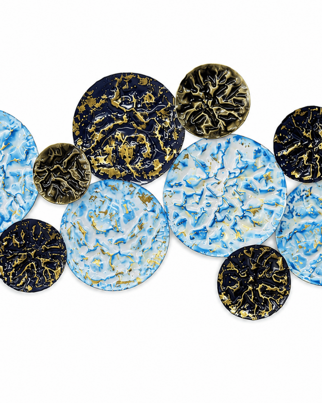 Blue, Black & Gold Marbled Circle Wall Art | Textured Metal Disc Cluster Decor - Image 3
