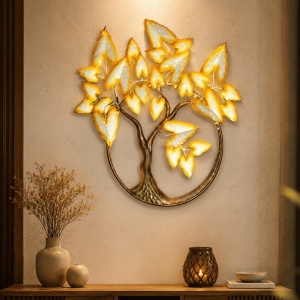 LED Golden Tree of Life Wall Art | Illuminated Metal Leaf Wall Sculpture with Lights
