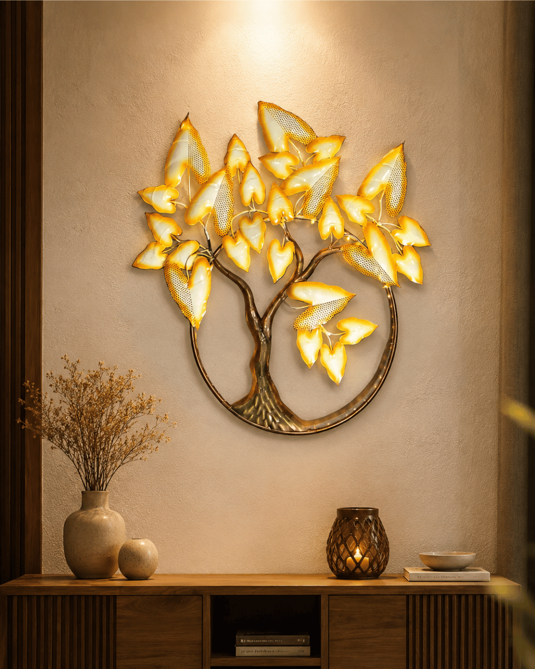 LED Golden Tree of Life Wall Art | Illuminated Metal Leaf Wall Sculpture with Lights