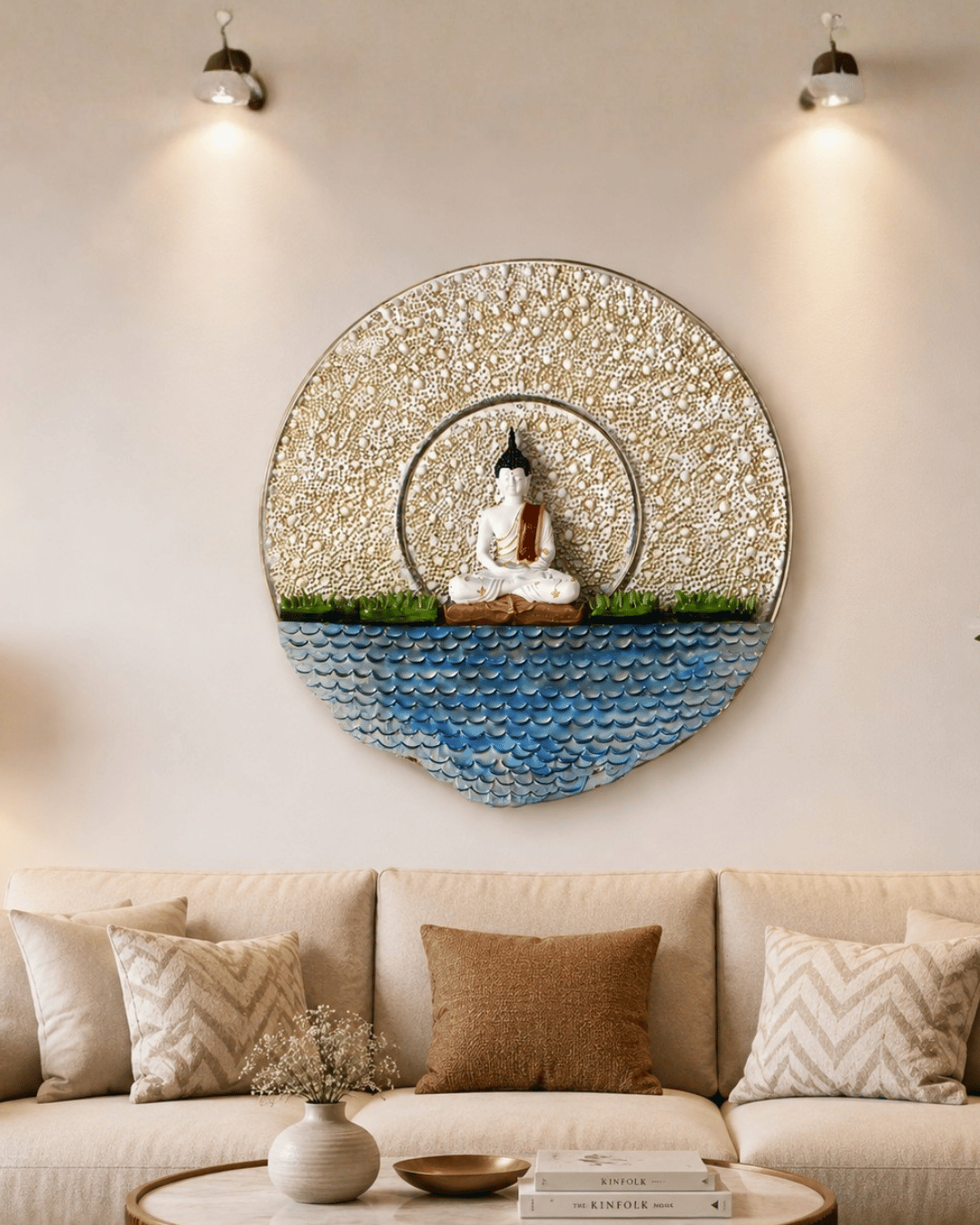 Meditating Buddha Round Wall Art | Handcrafted Textured Circular Wall Sculpture