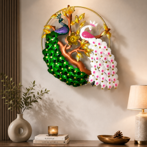 Twin Peacock Tree Branch Wall Art | Green & White Handpainted Circular Decor