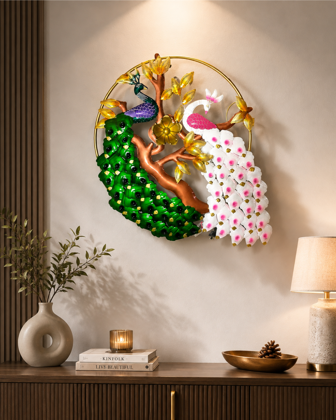 Twin Peacock Tree Branch Wall Art | Green & White Handpainted Circular Decor