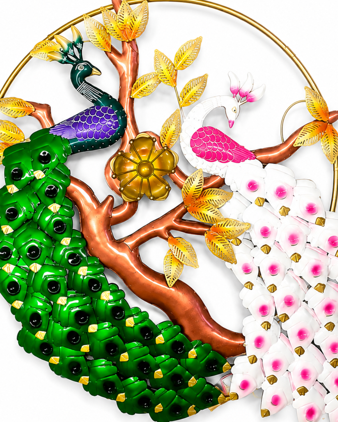 Twin Peacock Tree Branch Wall Art | Green & White Handpainted Circular Decor - Image 3