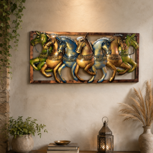 Galloping Horses Framed Metal Wall Art | Handpainted Bronze Horse Panel Decor
