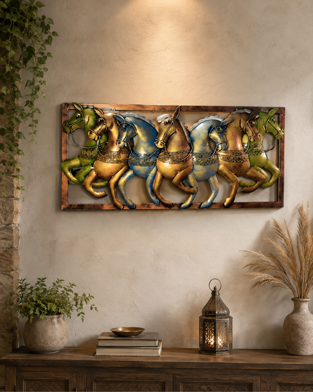 Galloping Horses Framed Metal Wall Art | Handpainted Bronze Horse Panel Decor