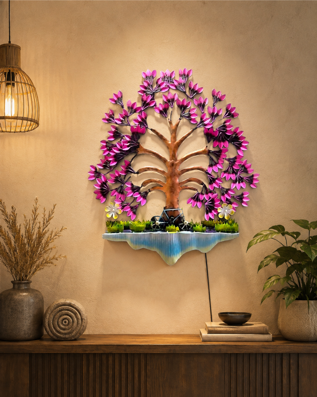 Pink Blossom Tree Wall Art with Bicycle | LED Handpainted Cherry Blossom Decor