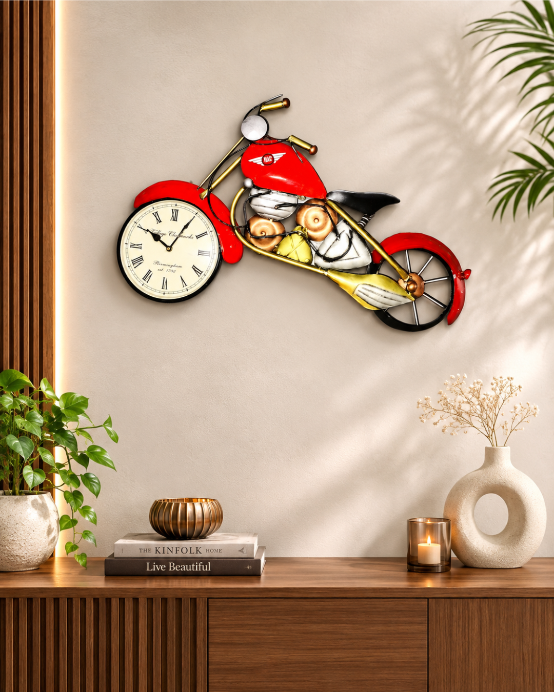 Red Chopper Motorcycle Wall Clock | Vintage Village Clockworks Bike Wall Art