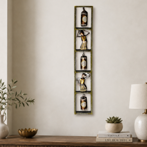 Vertical Village Woman & Bells Wall Art | Handpainted Framed Panel Decor
