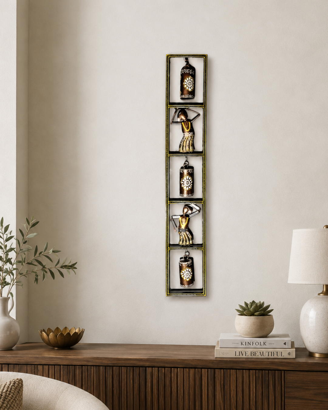 Vertical Village Woman & Bells Wall Art | Handpainted Framed Panel Decor