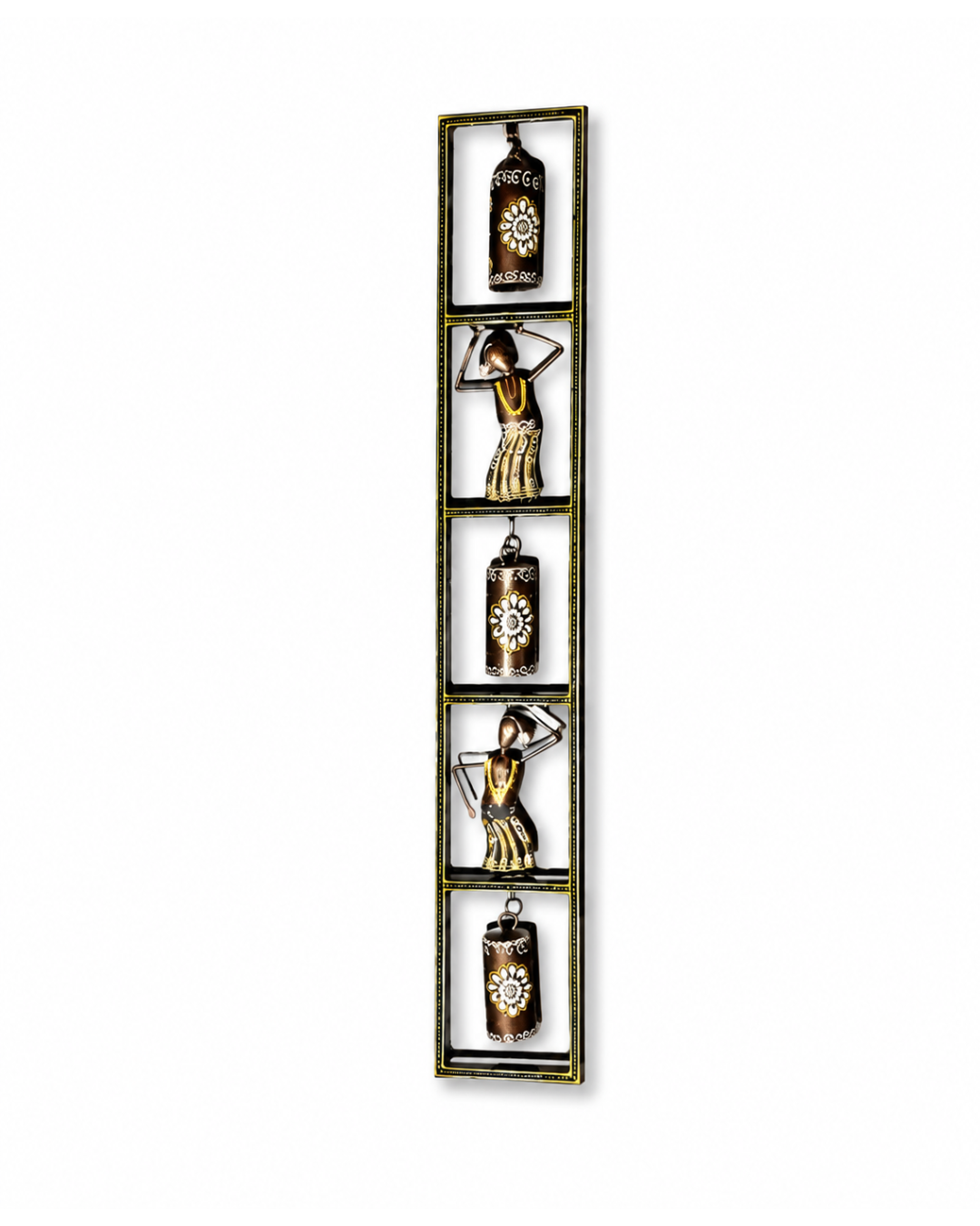 Vertical Village Woman & Bells Wall Art | Handpainted Framed Panel Decor - Image 2
