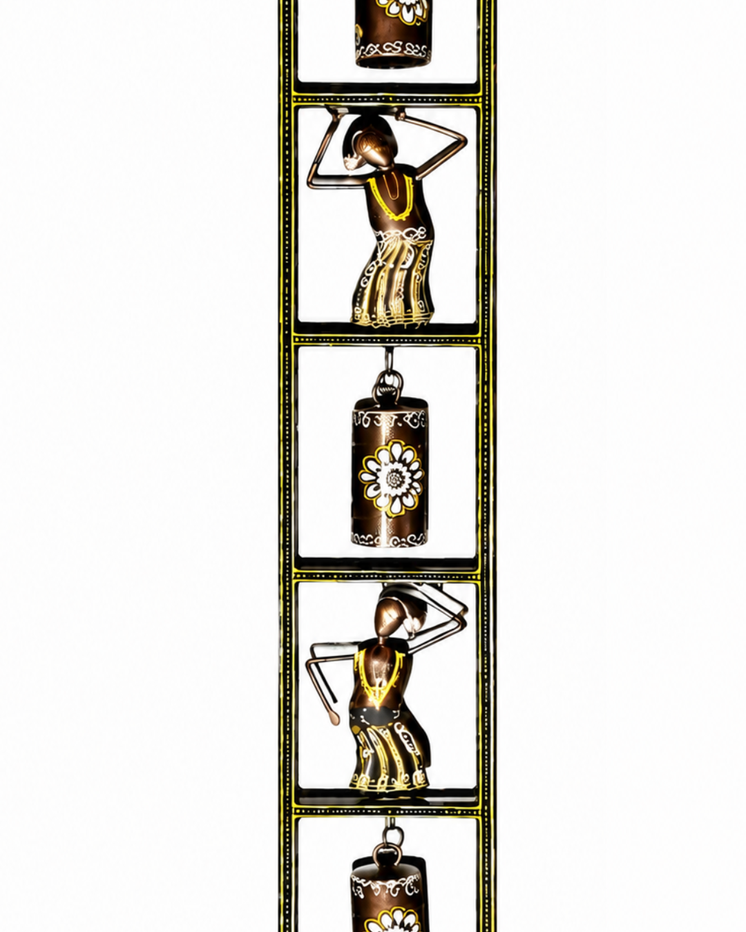 Vertical Village Woman & Bells Wall Art | Handpainted Framed Panel Decor - Image 3