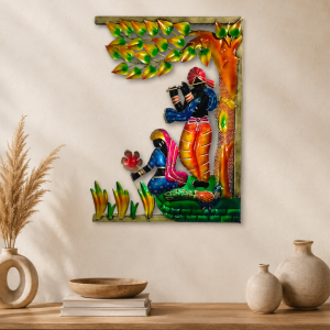 Radha Krishna Under the Tree Metal Wall Art | Handpainted Framed Devotional Decor