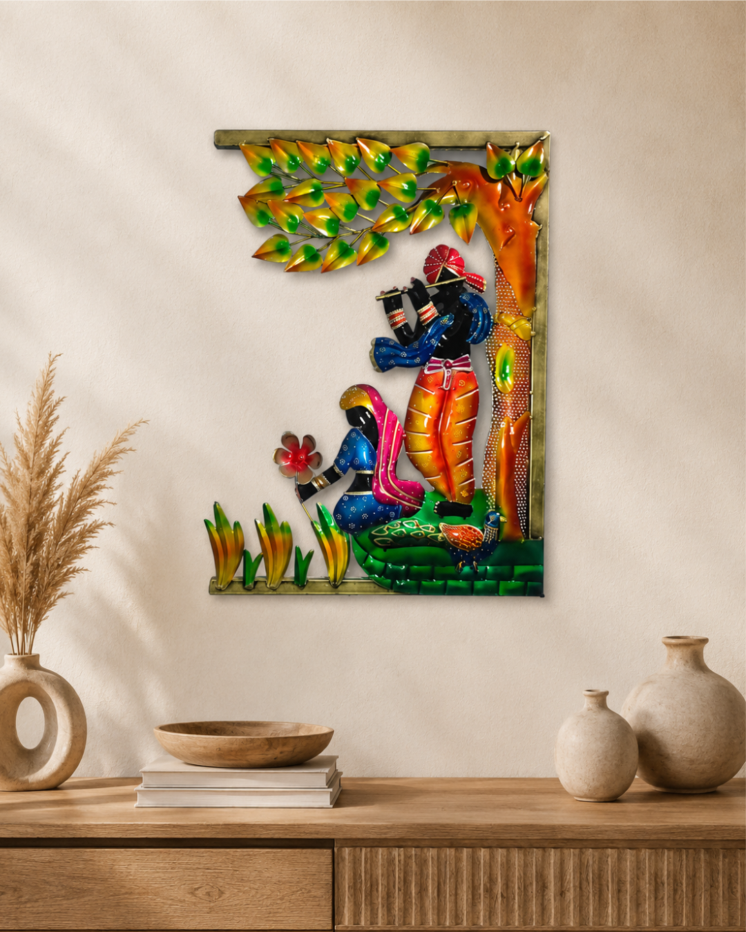 Radha Krishna Under the Tree Metal Wall Art | Handpainted Framed Devotional Decor