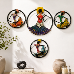 Set of 4 Rajasthani Musician Circle Wall Art | Handpainted Round Ring Decor