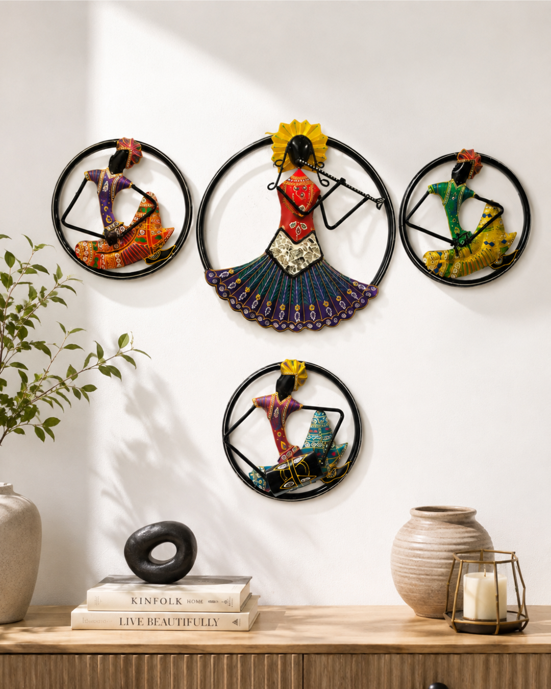 Set of 4 Rajasthani Musician Circle Wall Art | Handpainted Round Ring Decor