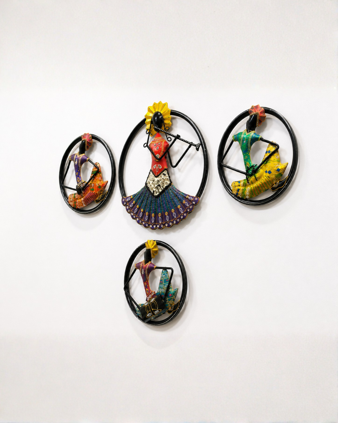 Set of 4 Rajasthani Musician Circle Wall Art | Handpainted Round Ring Decor - Image 2