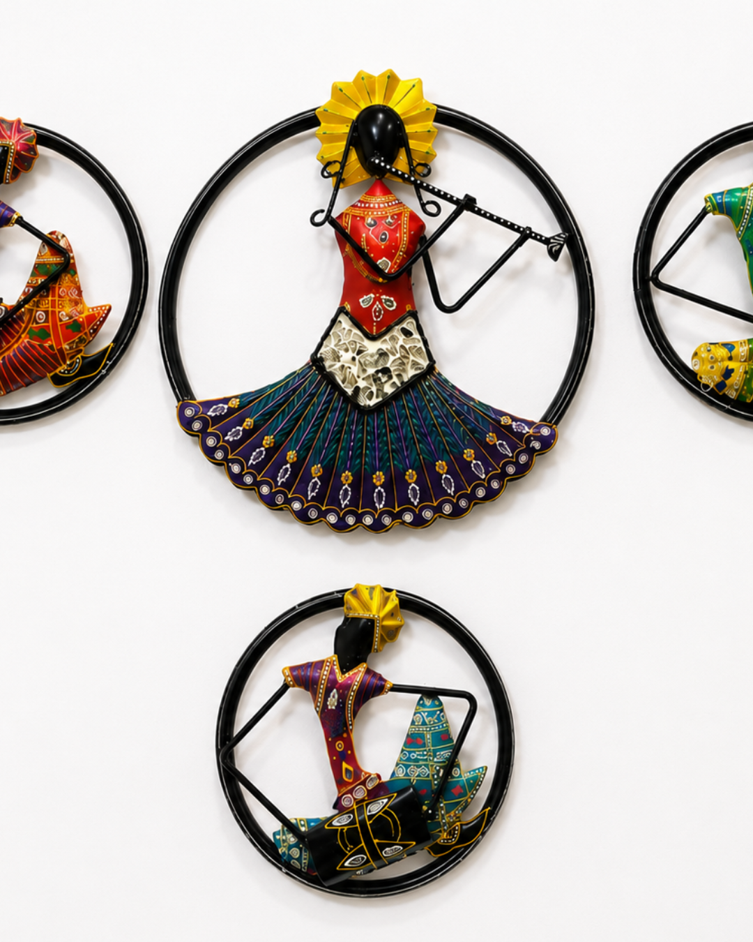 Set of 4 Rajasthani Musician Circle Wall Art | Handpainted Round Ring Decor - Image 3