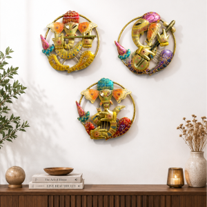 Set of 3 Round Ganesha Musician Wall Art | Handpainted Circular Ring Decor