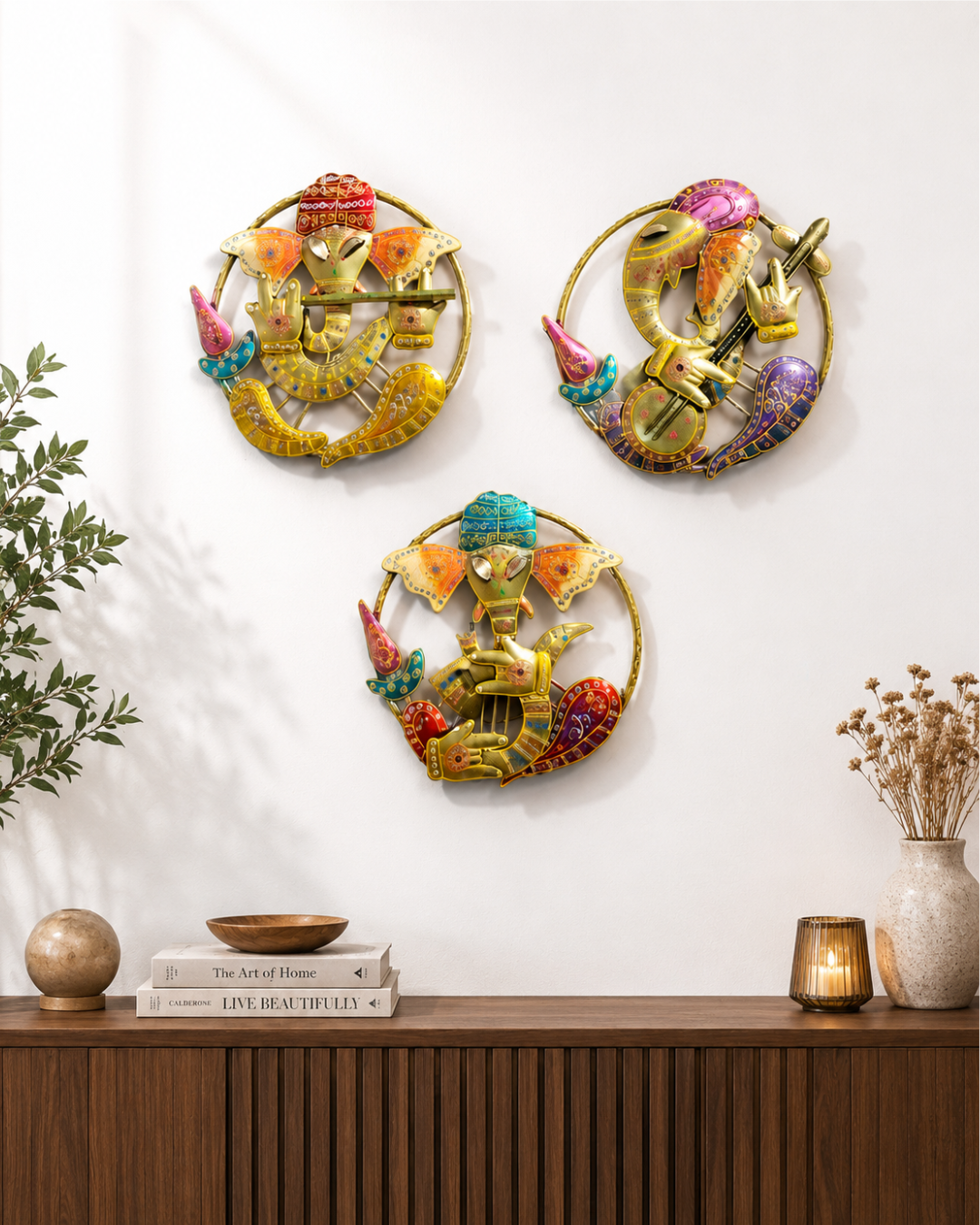 Set of 3 Round Ganesha Musician Wall Art | Handpainted Circular Ring Decor