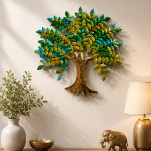 Green & Blue Metal Tree of Life Wall Art | Handpainted Leaf Canopy Sculpture