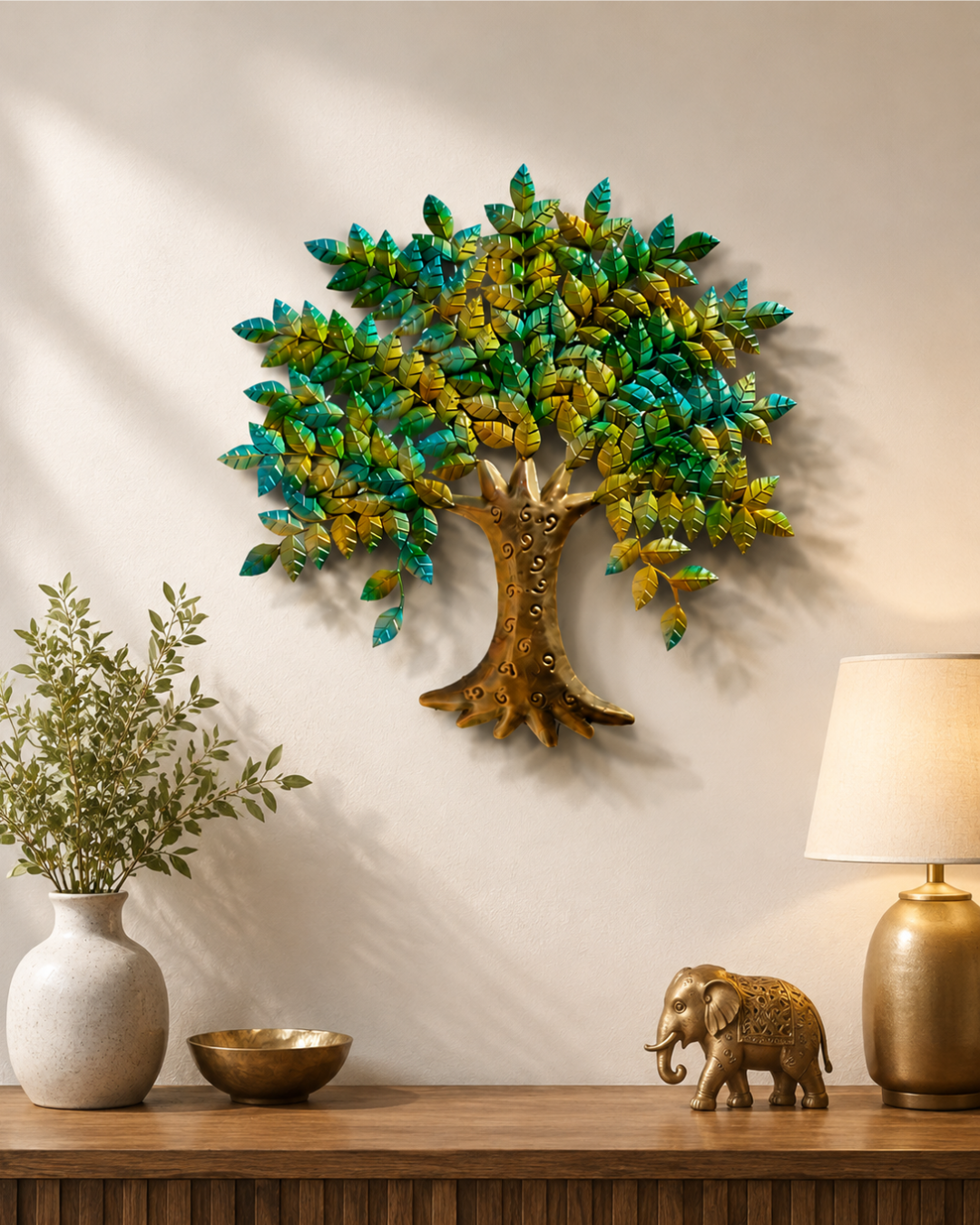 Green & Blue Metal Tree of Life Wall Art | Handpainted Leaf Canopy Sculpture