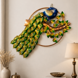 Peacock on Branch Metal Wall Art | Handpainted Green & Gold Circular Decor