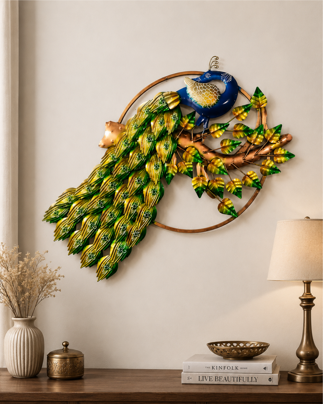 Peacock on Branch Metal Wall Art | Handpainted Green & Gold Circular Decor