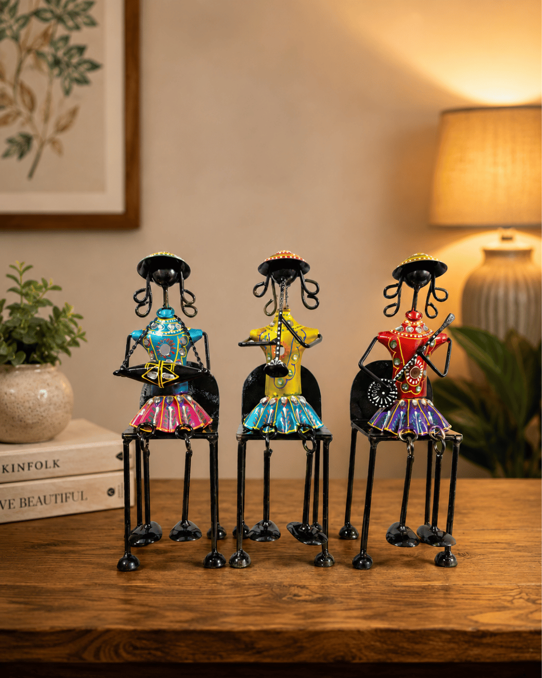 Set of 3 Seated Musician Figurines on Chairs | Handpainted Table Decor