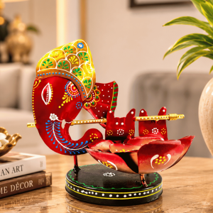 Lord Ganesha Head with Lotus Bowl Showpiece | Handpainted Metal Table Decor