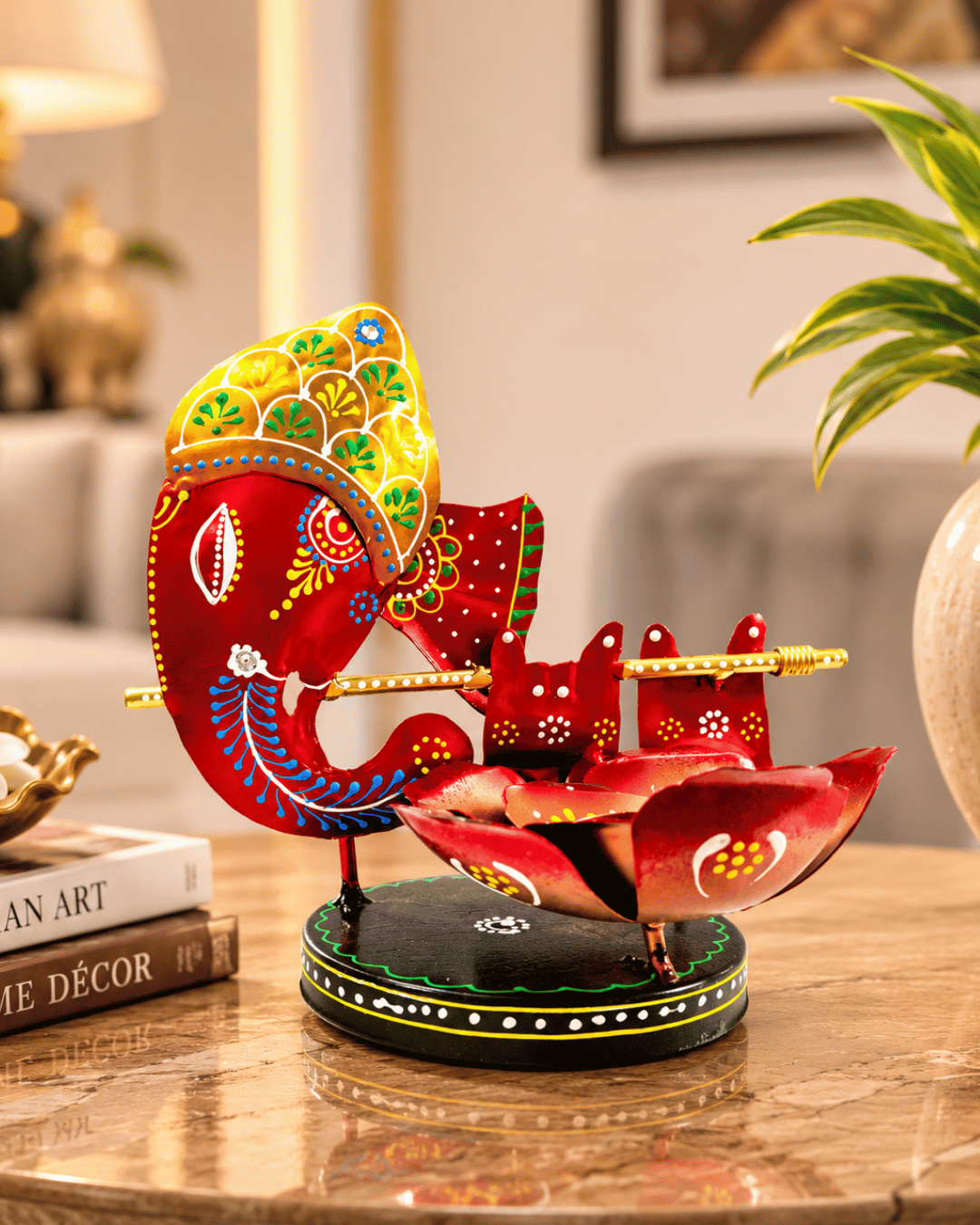 Lord Ganesha Head with Lotus Bowl Showpiece | Handpainted Metal Table Decor