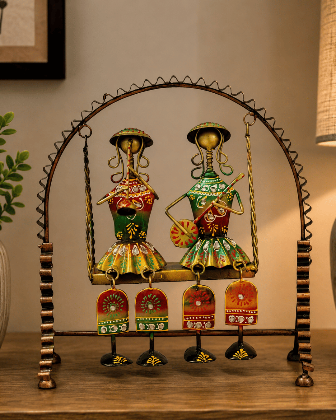 Musician Duo Swing Showpiece with Hanging Bells | Handpainted Table Decor