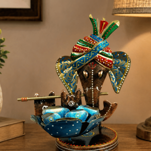 Ganesha Bust with Blue Lotus Bowl Showpiece | Handpainted Metal Table Decor