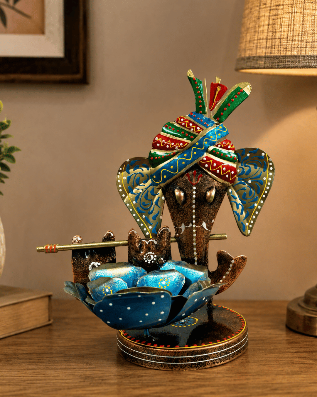 Ganesha Bust with Blue Lotus Bowl Showpiece | Handpainted Metal Table Decor