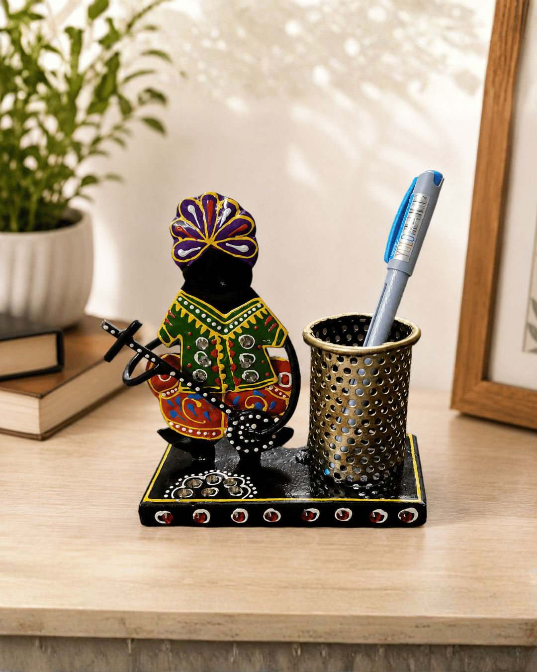 Rajasthani Musician Pen Holder | Handpainted Desk Organizer Showpiece