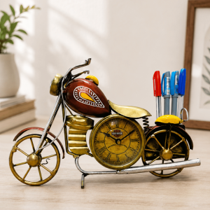 Vintage Red Chopper Motorcycle Clock & Pen Holder | Novelty Desk Showpiece