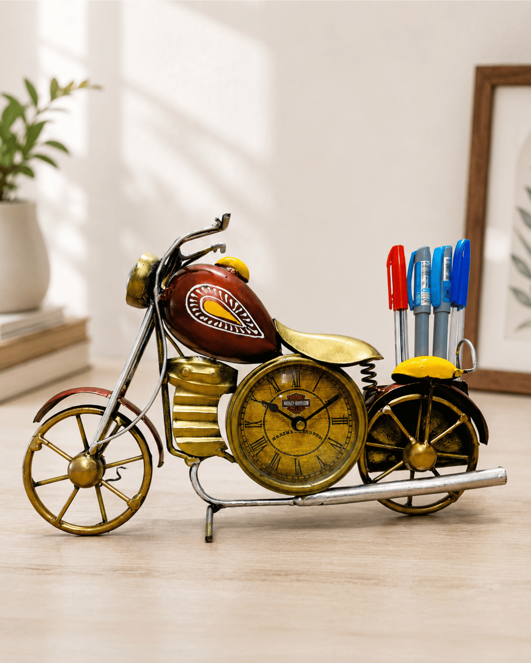 Vintage Red Chopper Motorcycle Clock & Pen Holder | Novelty Desk Showpiece