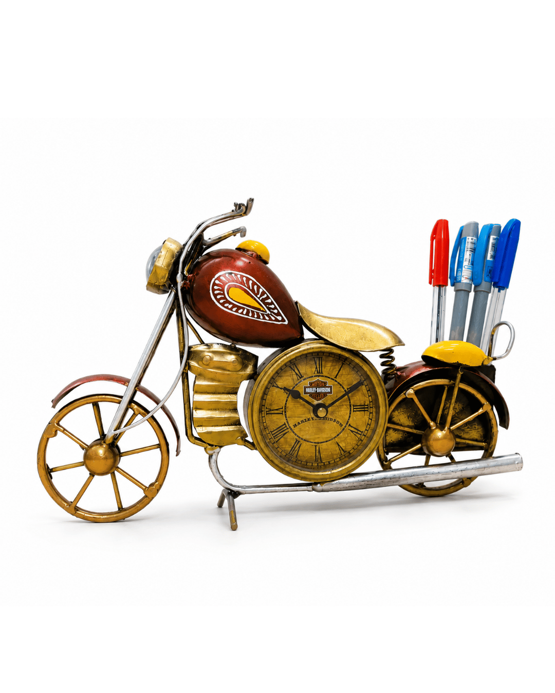 Vintage Red Chopper Motorcycle Clock & Pen Holder | Novelty Desk Showpiece - Image 2