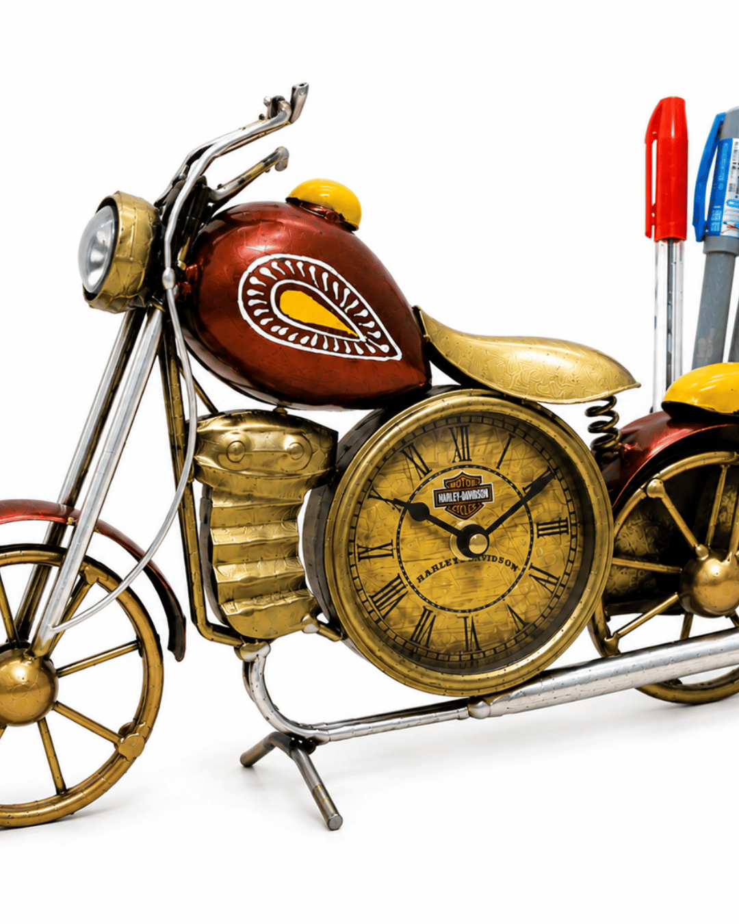 Vintage Red Chopper Motorcycle Clock & Pen Holder | Novelty Desk Showpiece - Image 3