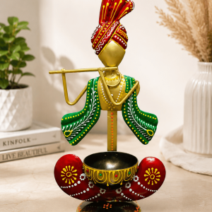 Krishna Flute Player Showpiece with Bowl | Handpainted Metal Table Decor